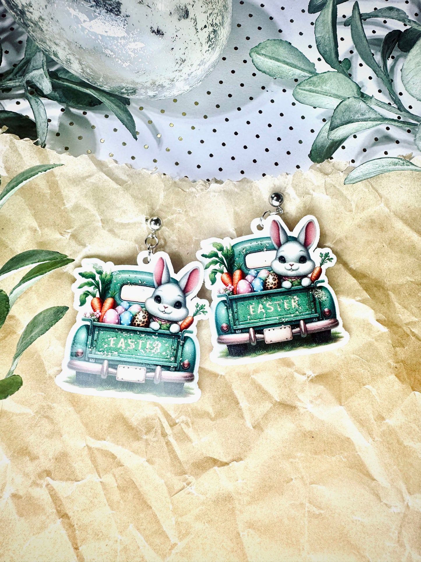 Easter Truck Glitter Shrink Plastic & Resin Earrings