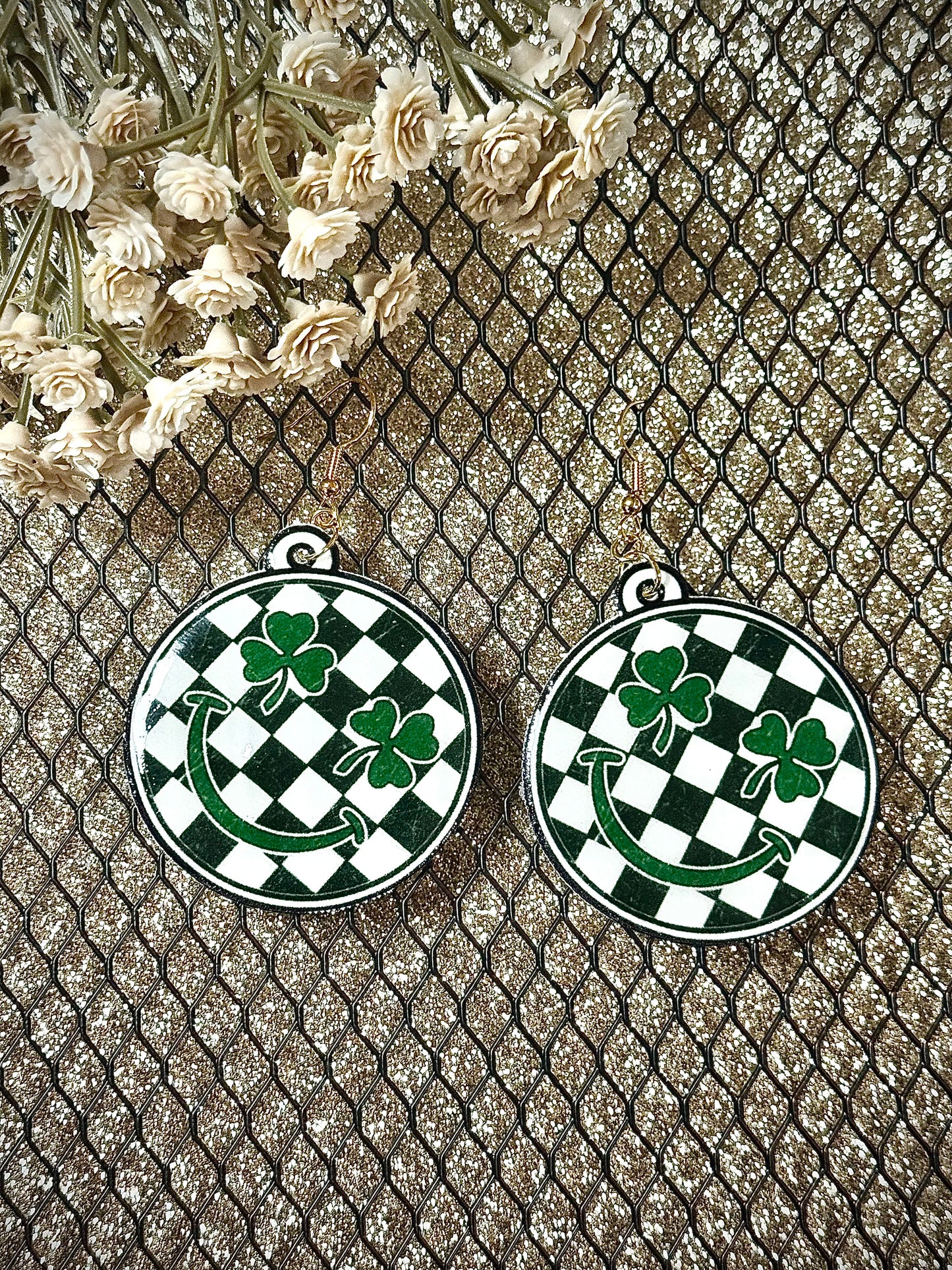 Checkered Smiley Shrink Plastic & Resin Earrings